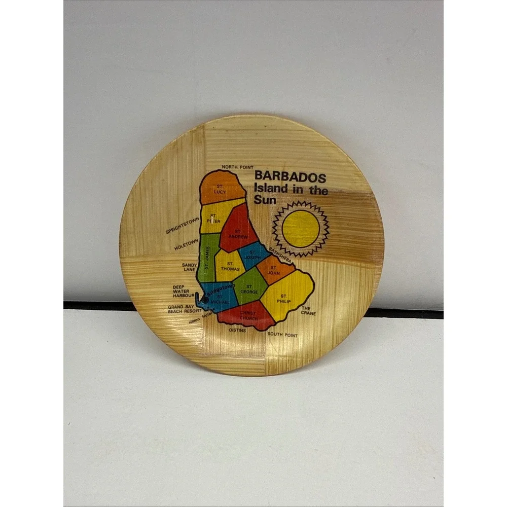 Vintage Barbados Island in the Sun Woven Bamboo Souvenir Map Plate 6 Inch
